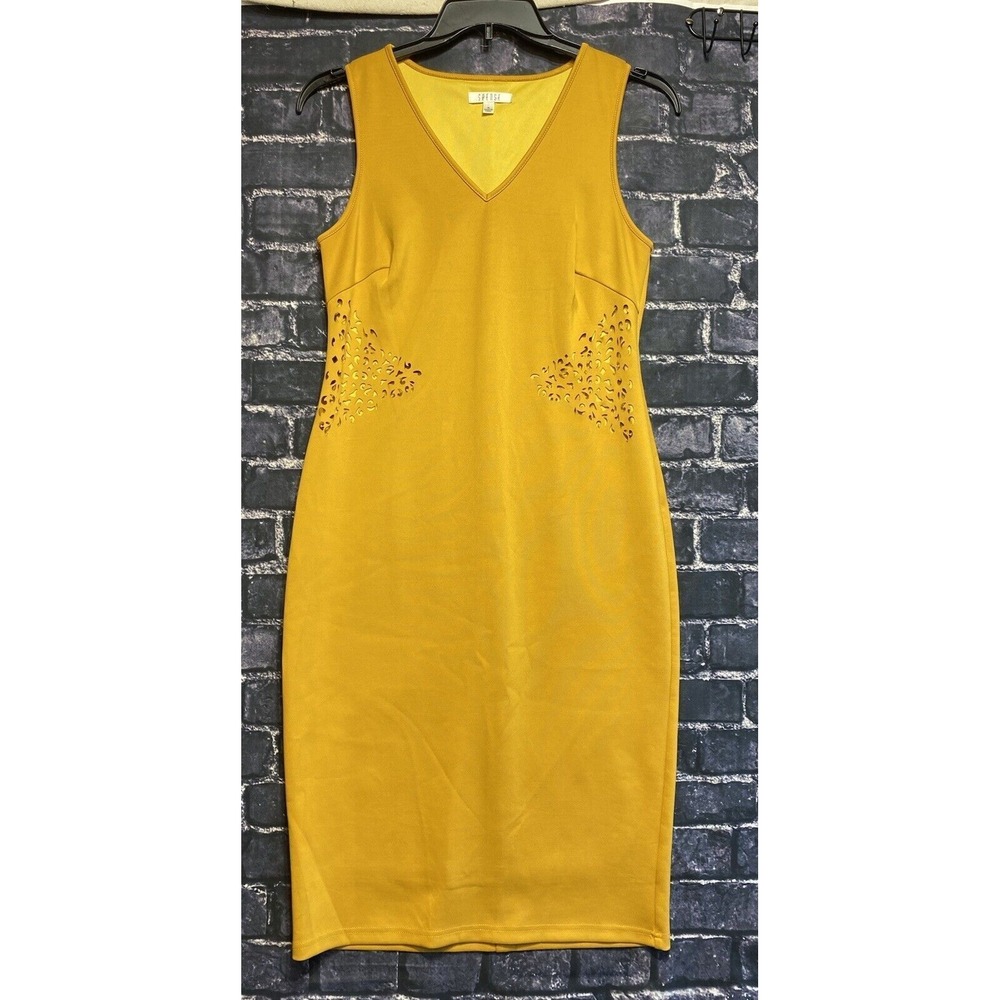 Spense Sheath Dress Womens 10 Mustard Yellow Laser Cut V Neck‎ Sleeveless Solid